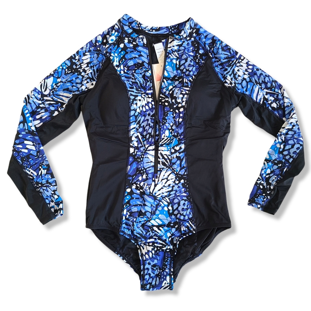 NWT Swimsuits for All Zip Front Modest Colorblock Long Sleeve One Piece